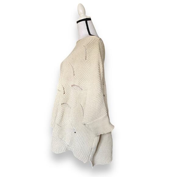 Y2k Slouchy Off Shoulder Chenille Sweater Sz S/M Cream Scallop Hem Dolman Sleeve - Picture 5 of 12